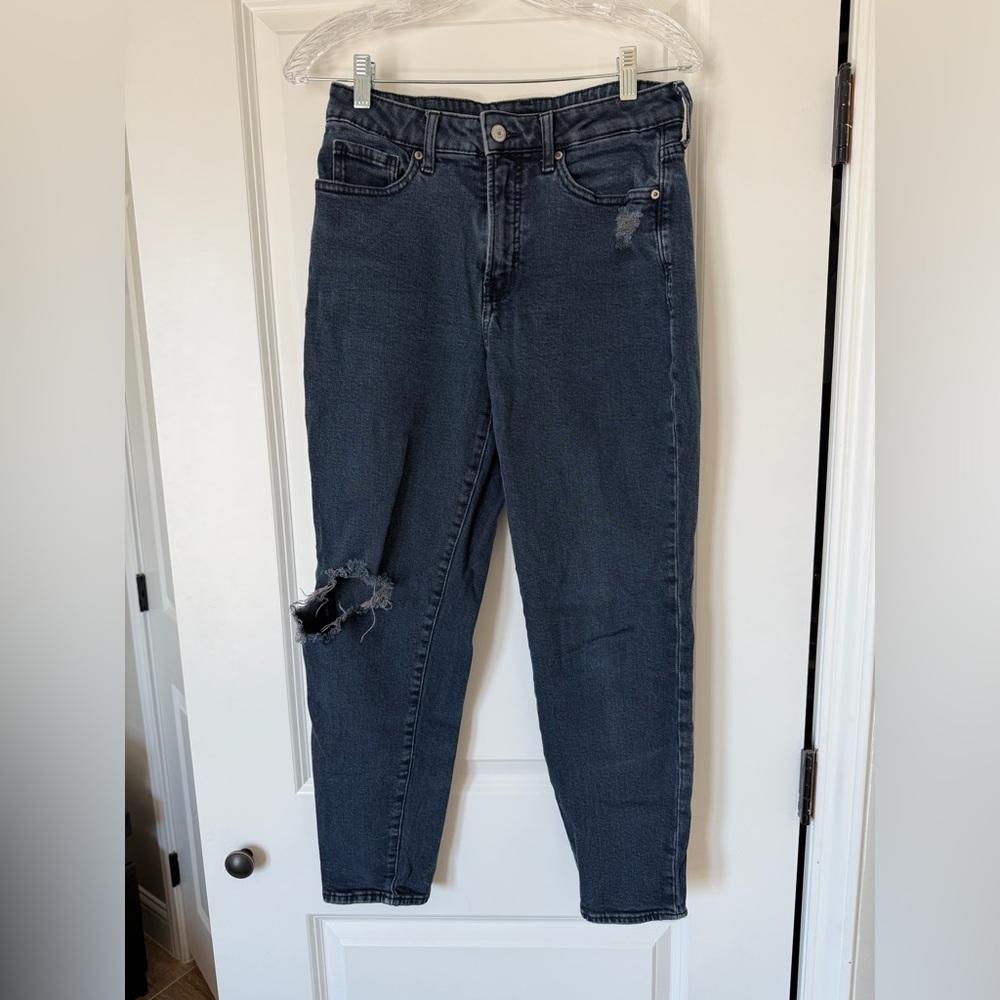 Old Navy Jeans Straight Ripped Knee High-Rise Stretch Dark Wash
